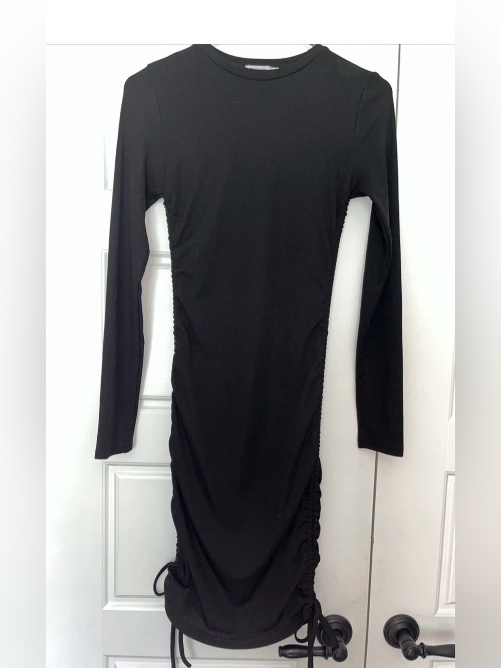 Beginning Boutique Black Long Sleeve Ruched Midi Dress ribbed